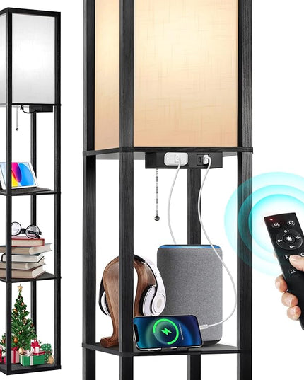 OUTON Floor Lamp with Shelves, Dimmable Shelf Floor Lamp with Remote, 1USB & 1 Type C Ports, 1 Power Outlet, Modern Standing Lamp with 4 Color Temperature for Living Room, Bedroom, Matte Black - LeafyLoom