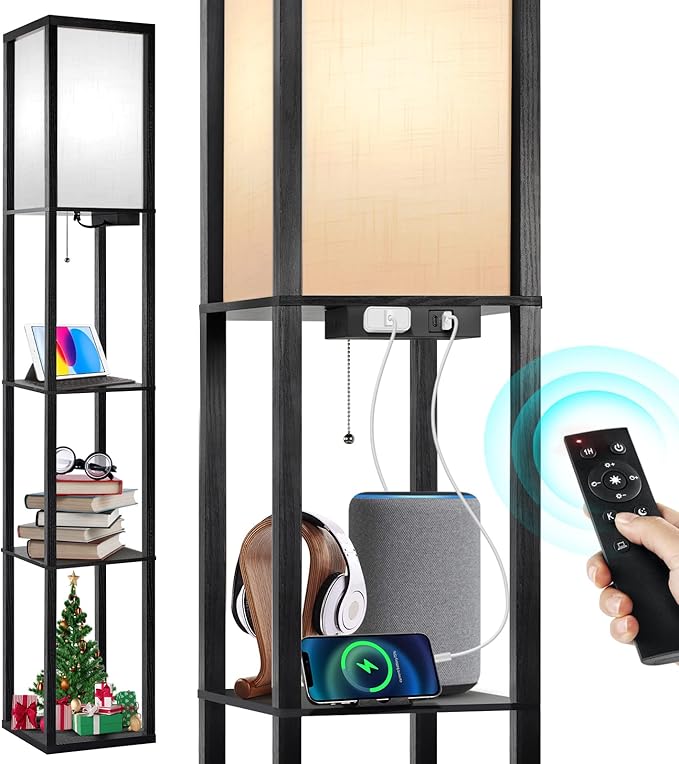 OUTON Floor Lamp with Shelves, Dimmable Shelf Floor Lamp with Remote, 1USB & 1 Type C Ports, 1 Power Outlet, Modern Standing Lamp with 4 Color Temperature for Living Room, Bedroom, Matte Black - LeafyLoom