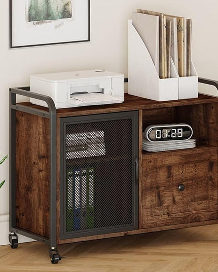 BON AUGURE Filing Cabinet for Home Office, Rolling Lateral File Cabinet with Storage, Wood Metal Printer Stand with Drawer (Rustic Oak) - LeafyLoom