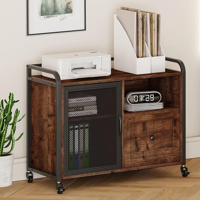 BON AUGURE Filing Cabinet for Home Office, Rolling Lateral File Cabinet with Storage, Wood Metal Printer Stand with Drawer (Rustic Oak) - LeafyLoom