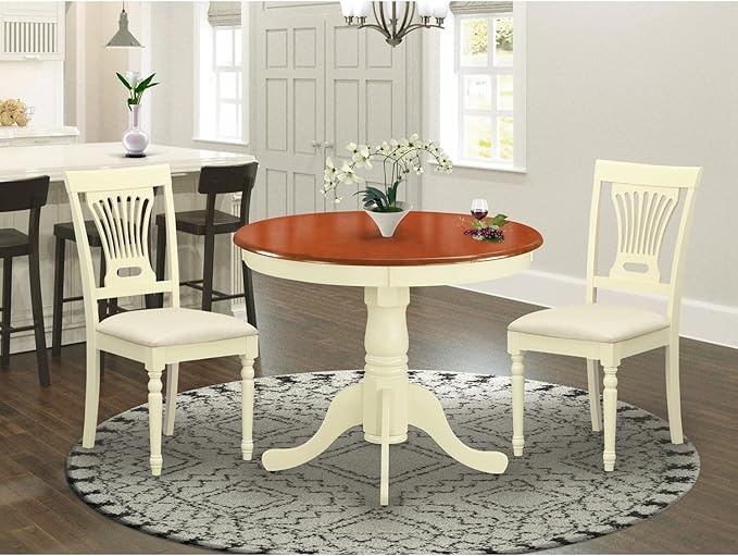 East West Furniture ANPL3-WHI-C 3 Piece Set for Small Spaces Contains a Round Table with Pedestal and 2 Linen Fabric Kitchen Dining Chairs, 36x36 Inch, Buttermilk & Cherry - LeafyLoom