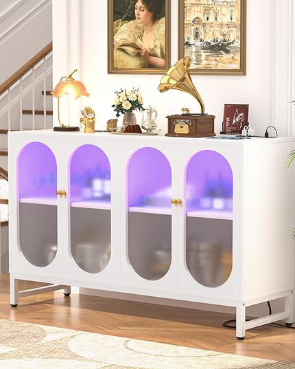 Aheaplus Sideboard Buffet Cabinet with Power Outlet, Kitchen Sideboard Storage Cabinet with LED Light, 4 Doors, Modern Accent Cabinet Coffee Bar Cabinet Console Table for Kitchen Dining Room, White - LeafyLoom