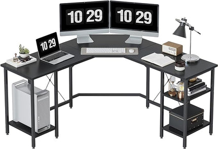 BANTI L Shaped Desk with Shleves, 60" Large Corner Desk with Two Storage, Space Saving, Easy to Assemble, Black - LeafyLoom
