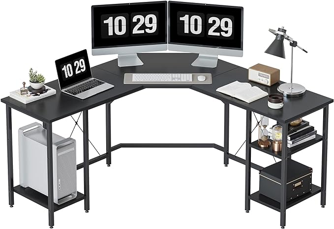 BANTI L Shaped Desk with Shleves, 60" Large Corner Desk with Two Storage, Space Saving, Easy to Assemble, Black - LeafyLoom