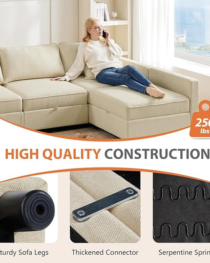 Sweetcrispy Convertible Sectional Sofa Couch, 4 Seat Sofa Set with Storage for Living Room, L-Shaped Modern Modular Sofa Sleeper with Ottoman, Comfy Sofa Couch with Extra Deep Seats, Beige - LeafyLoom