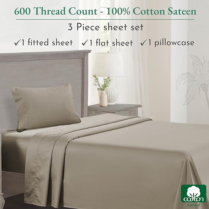 California Design Den Luxury Twin Sheet Set - 100% Cotton, 600 Thread Count Deep Pocket Twin Sheets, Soft Hotel-Quality Bedding with Sateen Weave - Taupe - LeafyLoom