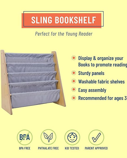 Wildkin Kids Canvas Sling Bookshelf for Boys and Girls, Wooden Design Features Four Fabric Shelves, Keep Bedrooms, Playrooms, and Classrooms Organized, Measures 25 x 24 x 11 Inches (Natural w/ Gray) - LeafyLoom