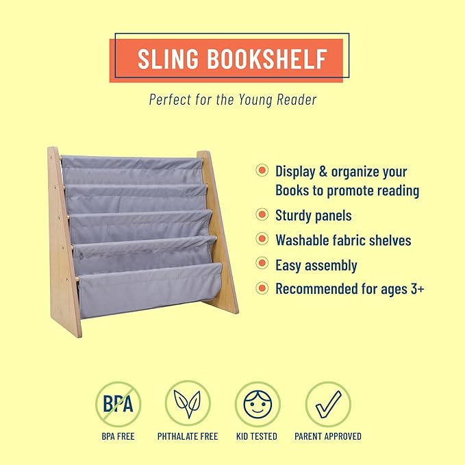 Wildkin Kids Canvas Sling Bookshelf for Boys and Girls, Wooden Design Features Four Fabric Shelves, Keep Bedrooms, Playrooms, and Classrooms Organized, Measures 25 x 24 x 11 Inches (Natural w/ Gray) - LeafyLoom