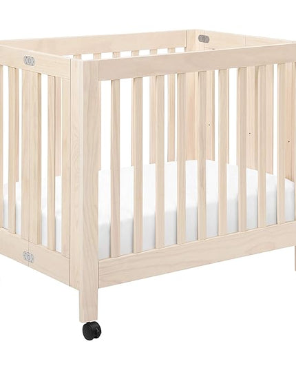 Babyletto Origami Mini Portable Crib Folding with Wheels in Washed Natural, 2 Adjustable Mattress Positions, Greenguard Gold Certified - LeafyLoom