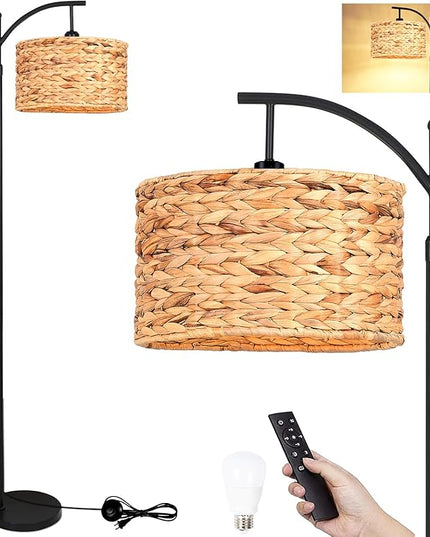 Floor Lamp for Living Room Bedroom Rattan Boho Arc Standing Lamp with Remote Dimmable Black Wicker Bamboo Lamp Shade Floor Light Adjustable Tall Lamp Farmhouse Industrial Floor Lamps Bohemian - LeafyLoom