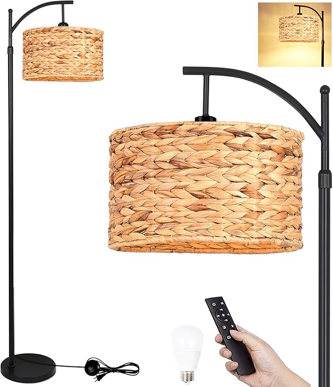 Floor Lamp for Living Room Bedroom Rattan Boho Arc Standing Lamp with Remote Dimmable Black Wicker Bamboo Lamp Shade Floor Light Adjustable Tall Lamp Farmhouse Industrial Floor Lamps Bohemian - LeafyLoom