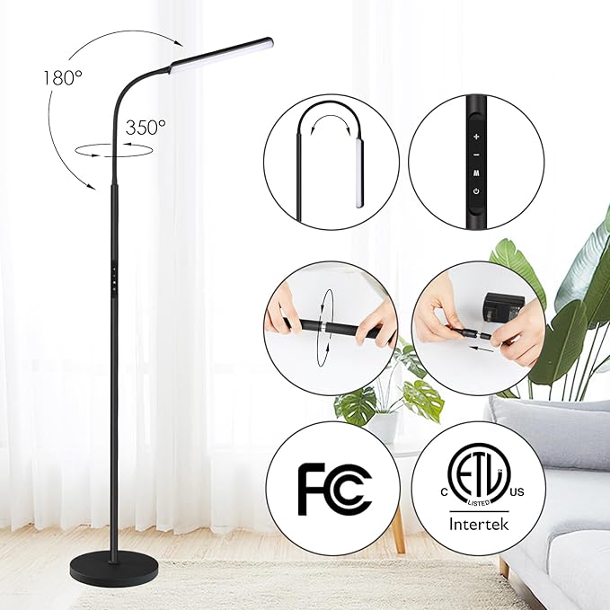 Dimunt LED Floor Lamp, Bright 15W Floor Lamps for Living Room with 1H Timer, Stepless Adjustable 3000K-6000K Colors & Brightness Standing Lamp with Remote & Touch Control Reading Floor Lamps - LeafyLoom