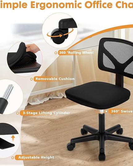 Sweetcrispy Armless Desk Chair - Small Home Office Chair with Wheels, Mesh Low Back Task Chair with Lumbar Support and Wheels, Adjustable Height 360° Rolling Swivel Computer Chair without Arm, Black - LeafyLoom