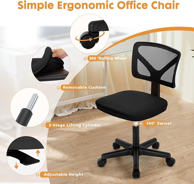 Sweetcrispy Armless Desk Chair - Small Home Office Chair with Wheels, Mesh Low Back Task Chair with Lumbar Support and Wheels, Adjustable Height 360° Rolling Swivel Computer Chair without Arm, Black - LeafyLoom