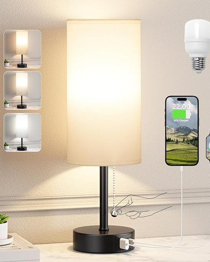 White Table Bedside Lamp for Bedroom Nightstand - Small Lamp with USB A + C Charging Port, 3 Color Temperatures Pull Chain Night Stand Light with Bulb, Side Table Desk Reading Lamp for Living Room - LeafyLoom