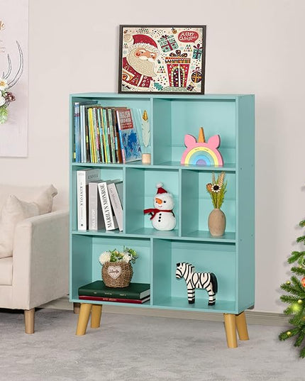 LEYAOYAO 7 Cube Bookshelf 3-Tier Bookcase with Legs, Mint-Green Kids Book Shelf Cute Storage Organizer, Toy Shelves Bookshelves,Wood Display Bookcases - LeafyLoom