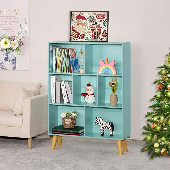 LEYAOYAO 7 Cube Bookshelf 3-Tier Bookcase with Legs, Mint-Green Kids Book Shelf Cute Storage Organizer, Toy Shelves Bookshelves,Wood Display Bookcases - LeafyLoom