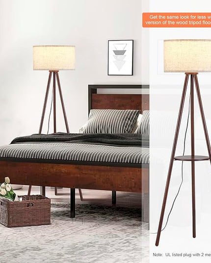 Wood Tripod Floor Lamp for Living Room,Linen Shade Mid Century Wooden Shelf Floor lamp for Bedroom,with Three Color temparature Bulb Included,ETL Listed/Dark Brown Wood Color - LeafyLoom