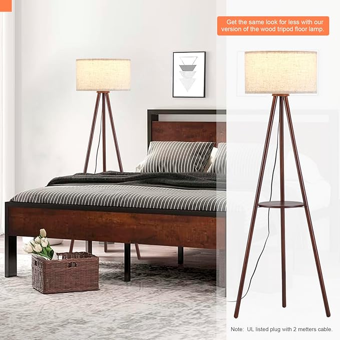 Wood Tripod Floor Lamp for Living Room,Linen Shade Mid Century Wooden Shelf Floor lamp for Bedroom,with Three Color temparature Bulb Included,ETL Listed/Dark Brown Wood Color - LeafyLoom