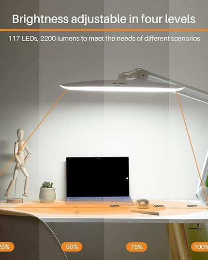 LED Desk Lamp with Clamp, Dimming Task Lamp for Reading Desktop Office Workbench Table Architect Sewing Study Home Craft, Bright 117PCS LEDs, 2200 Lumens 20 Inch Metal Swivel Arm Work Lamp - LeafyLoom