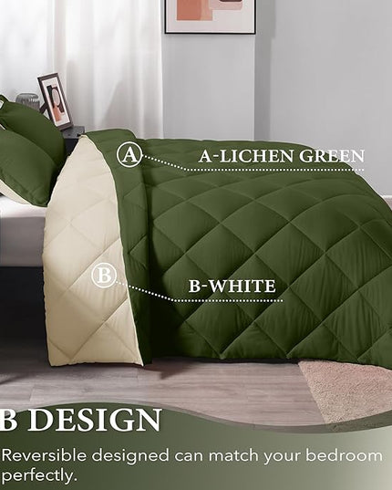 downluxe Queen Comforter Set, Lightweight Solid Down Alternative Reversible, 3-Piece Queen Size Comforter Set with 2 Reversible Pillow Shams (Lichen Green/White) - LeafyLoom
