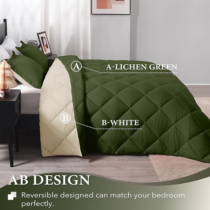 downluxe Queen Comforter Set, Lightweight Solid Down Alternative Reversible, 3-Piece Queen Size Comforter Set with 2 Reversible Pillow Shams (Lichen Green/White) - LeafyLoom