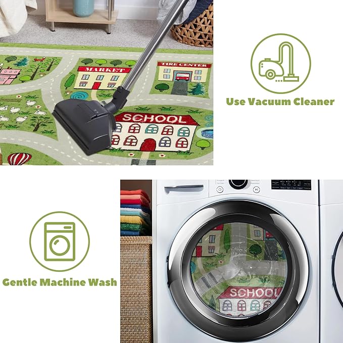 LIVEBOX Green Kids Rug for Kids Room, 3'x5' Washable Road Rug for Playroom, Non-Slip Soft Toy Car Rug for Baby Nursery, Small City Traffic Playmat for Boys Girls Dorm Bedroom Tent - LeafyLoom