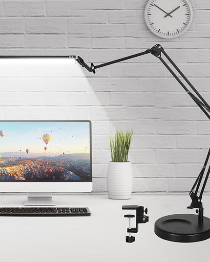 Desk Lamps for Home Office, 2-in-1 LED Desk Lamp, 3-Section Long Arm Desk Light with Clamp and Base, Adjustable Table Lamp with 3 Colors Modes, 10 Dimmer Levels and Memory Function - LeafyLoom