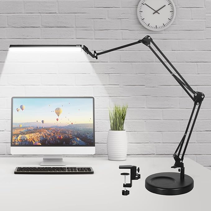 Desk Lamps for Home Office, 2-in-1 LED Desk Lamp, 3-Section Long Arm Desk Light with Clamp and Base, Adjustable Table Lamp with 3 Colors Modes, 10 Dimmer Levels and Memory Function - LeafyLoom