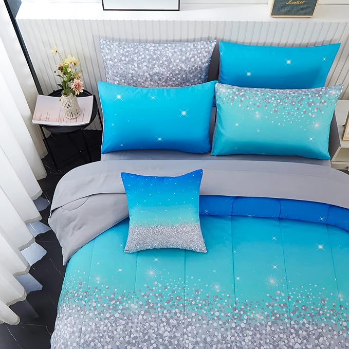 inron 4Pcs Aqua Gradient Twin Bedding Sets for Girls,Aqua Glitter All-Season Girls Comforter Set, Ultra Soft Girls Bedding Set(Aqua,Twin) - LeafyLoom