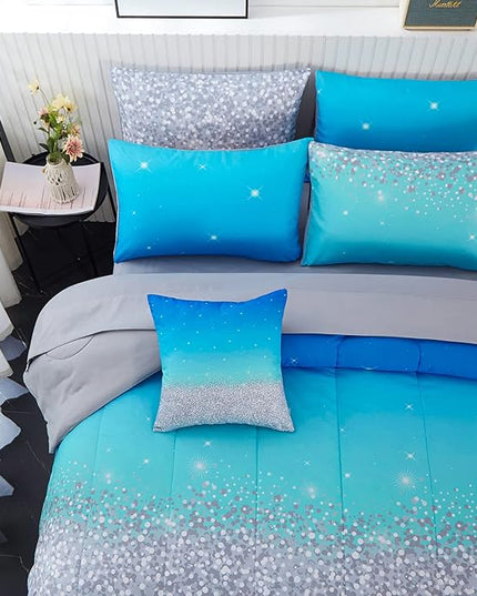 inron Aqua Glitter Comforter Sets for Girls Women,Full Size 5-Pieces Bed in a Bag Ultra Soft Microfiber Comforter and Sheet Sets, All Season Durable Bedding Set(Aqua,Full) - LeafyLoom