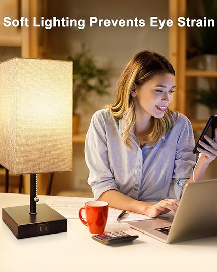 Table Lamp for Bedroom with USB A Port and C Port, Grey Bedside Lamp Night Stand Light Lamp with Square Fabric Shade, Small Lamp for Boys, with LED Bulb - LeafyLoom