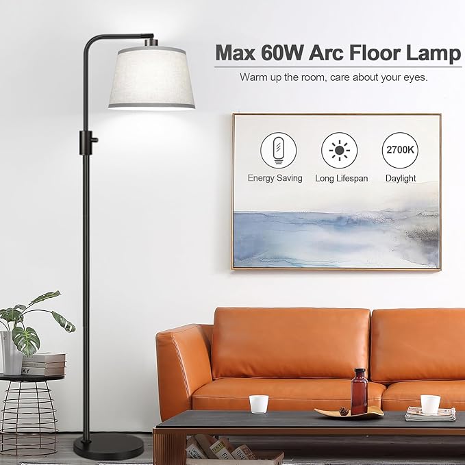 【Upgraded】 Dimmable Floor Lamp, 1000 Lumens LED Edison Bulb Included, Arc Floor Lamps for Living Room Modern Standing Lamp with Gray Shade, Tall Lamps for Living Room Bedroom Office Dining Room - LeafyLoom