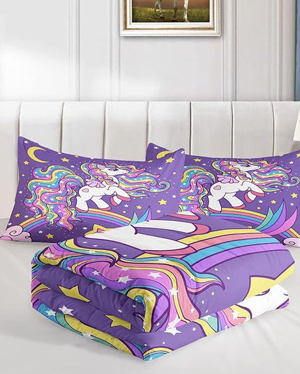 Unicorn Comforter Full Size,Rainbow Unicorn Comforter Set for Kids Teens Girls,3Pcs Bedding Set Printed Comforter with 2 Pillowcases,Down Alternative,Soft and Lightweight(Purple，Full Size) - LeafyLoom