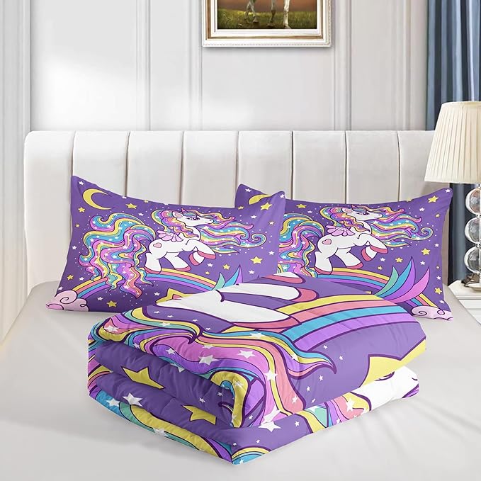 Unicorn Comforter Queen Size,Rainbow Unicorn Comforter Set for Kids Teens Girls,3Pcs Bedding Set Printed Comforter with 2 Pillowcases,Down Alternative,Soft and Lightweight(Purple，Queen Size) - LeafyLoom