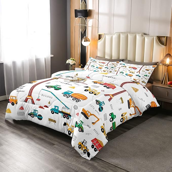 Heavy Machinery Truck Bedding Set Tractor Crane Comforter Set for Kids Boys Girls Youth Construction Site Comforter Nursery Decor Quilt Set Room 3Pcs Full Size - LeafyLoom