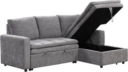 89'' L Shaped Upholstered Convertible Sleeper Sectional Sofa with Storage Chaise and Pull-Out Bed, 3-Seat Reversible Corner Couches for Living Rooms, Offices, Apartment, Gray, 89 Inch - LeafyLoom