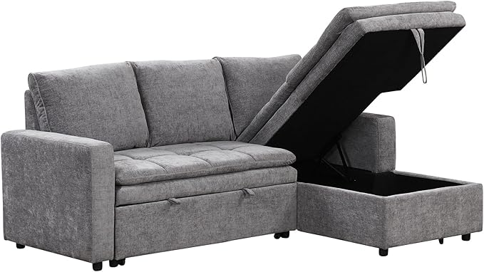 89'' L Shaped Upholstered Convertible Sleeper Sectional Sofa with Storage Chaise and Pull-Out Bed, 3-Seat Reversible Corner Couches for Living Rooms, Offices, Apartment, Gray, 89 Inch - LeafyLoom