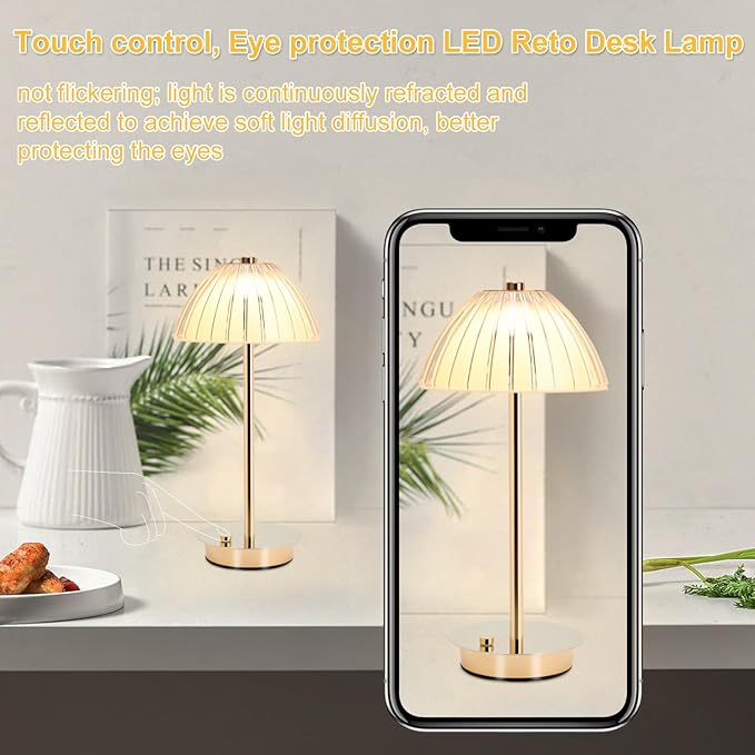 Pumpkin LED Table Bedside Lamp with Touch Sensor, 3 Color Dimmable Cordless Desk Lamp(White/Warm/Natural),USB Rechargeable Night Lamp for Kids Room,Living Room,Bedroom,Study,Office(Gold) - LeafyLoom