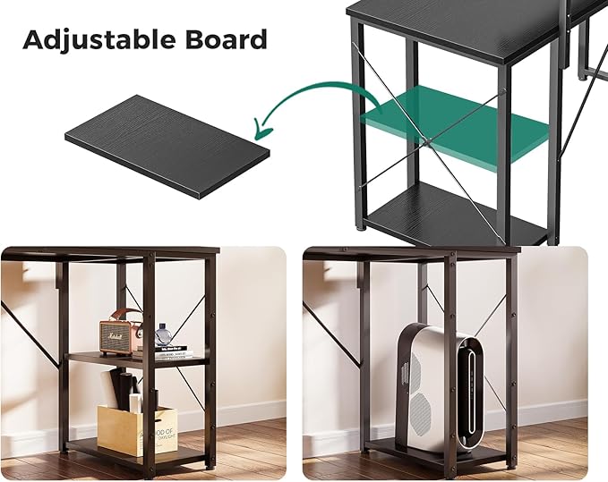 KKL 48 inch Small Computer Desk with Adjustable Monitor Stand, Home Office Desk & Workstation with Storage Shelves, Reversible Work Writing Study Table for Bedroom, Black - LeafyLoom