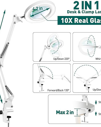 Magnifying Glass with Light and Clamp, 10X Real Glass Magnifier with Light, 3 Color Modes Stepless Dimmable Lighted Magnifying Glass, Magnifying Lamp for Repair Crafts Close Work- WHITE - LeafyLoom
