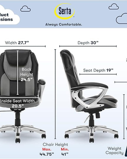 Serta Executive Office Padded Arms, Adjustable Ergonomic Gaming Desk Chair with Lumbar Support, Faux Leather and Mesh, Gray/Black - LeafyLoom
