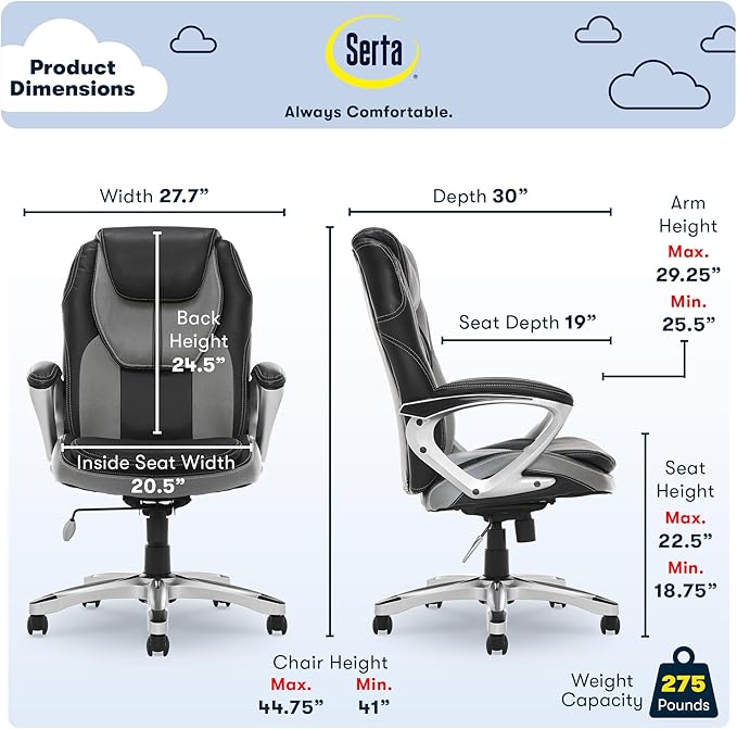 Serta Executive Office Padded Arms, Adjustable Ergonomic Gaming Desk Chair with Lumbar Support, Faux Leather and Mesh, Gray/Black - LeafyLoom