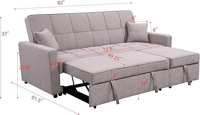 83" Oversized Convertible 2 Pull Out Bed,Linen Upholstered Folding Couch W/ 3 Levels Adjustable Backrest,3 Seaters Sleeper Sofas for Living Room Home Office Apartment, Gray, Light Gray2 - LeafyLoom
