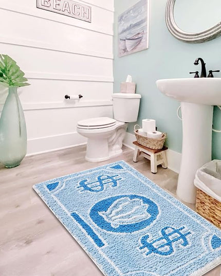 RoomTalks Coastal Beach Bathroom Rugs Non Slip Light Blue Turquoise Cute Bath Mat Washable, Cartoon Money Tufted Rug Boho Funky Aesthetic Cool 2x3 Small Throw Rugs for Bedroom Kitchen Living Room - LeafyLoom