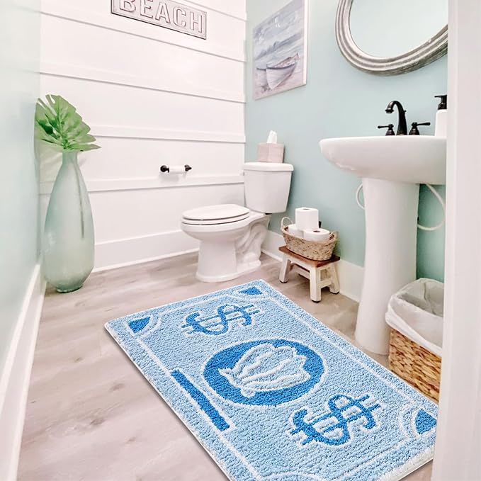 RoomTalks Coastal Beach Bathroom Rugs Non Slip Light Blue Turquoise Cute Bath Mat Washable, Cartoon Money Tufted Rug Boho Funky Aesthetic Cool 2x3 Small Throw Rugs for Bedroom Kitchen Living Room - LeafyLoom