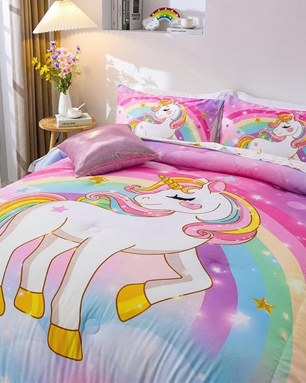 Aimuan Girls Unicorn Comforter Set 6 Pieces Pink Purple Bedding Set with Rainbow Star Galaxy Stars Fantasy Children Room Decor Soft Reversible Bed Sets for Boys/Girls/Teens (Rainbow Full6Pcs) - LeafyLoom
