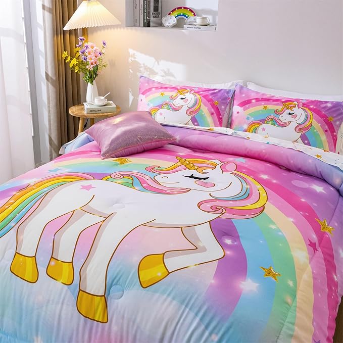 Aimuan Girls Unicorn Comforter Set 6 Pieces Pink Purple Bedding Set with Rainbow Star Galaxy Stars Fantasy Children Room Decor Soft Reversible Bed Sets for Boys/Girls/Teens (Rainbow Twin6Pcs) - LeafyLoom