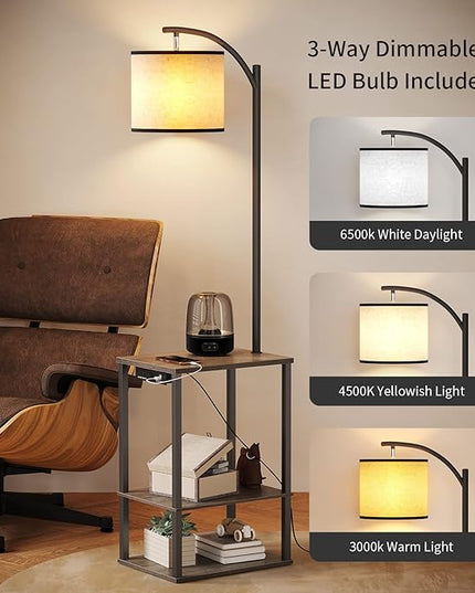 SUNMORY Floor Lamp with Table, Lamps for Living Room with Charging Station(USB & AC Port), Rustic End Table Lamp with Shelves & 3-Color Temperature LED Bulb, Lamp Table for Living Room, Rubber wood - LeafyLoom