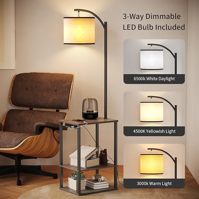 SUNMORY Floor Lamp with Table, Lamps for Living Room with Charging Station(USB & AC Port), Rustic End Table Lamp with Shelves & 3-Color Temperature LED Bulb, Lamp Table for Living Room, Rubber wood - LeafyLoom